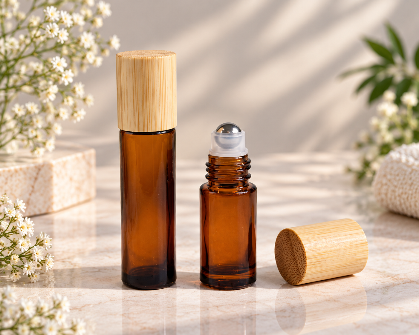 Amber Glass Stainless Steel Roller Perfume Bottle